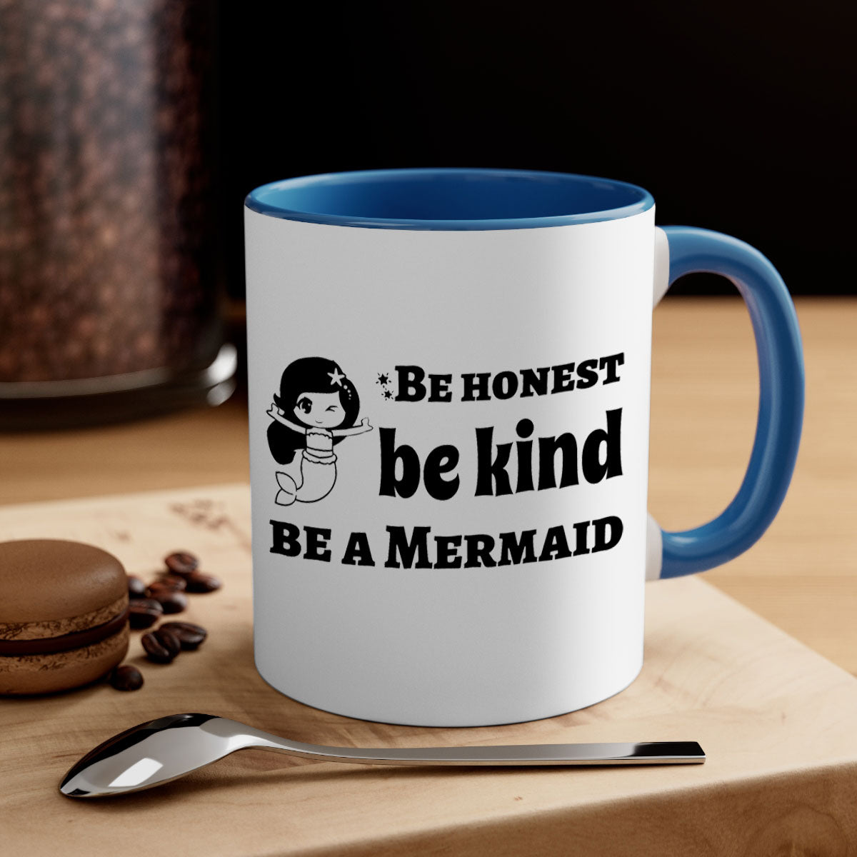 Be Honest Be Kind Be 56# Mermaid Mug with colorful handle and glossy finish, perfect for coffee or tea.