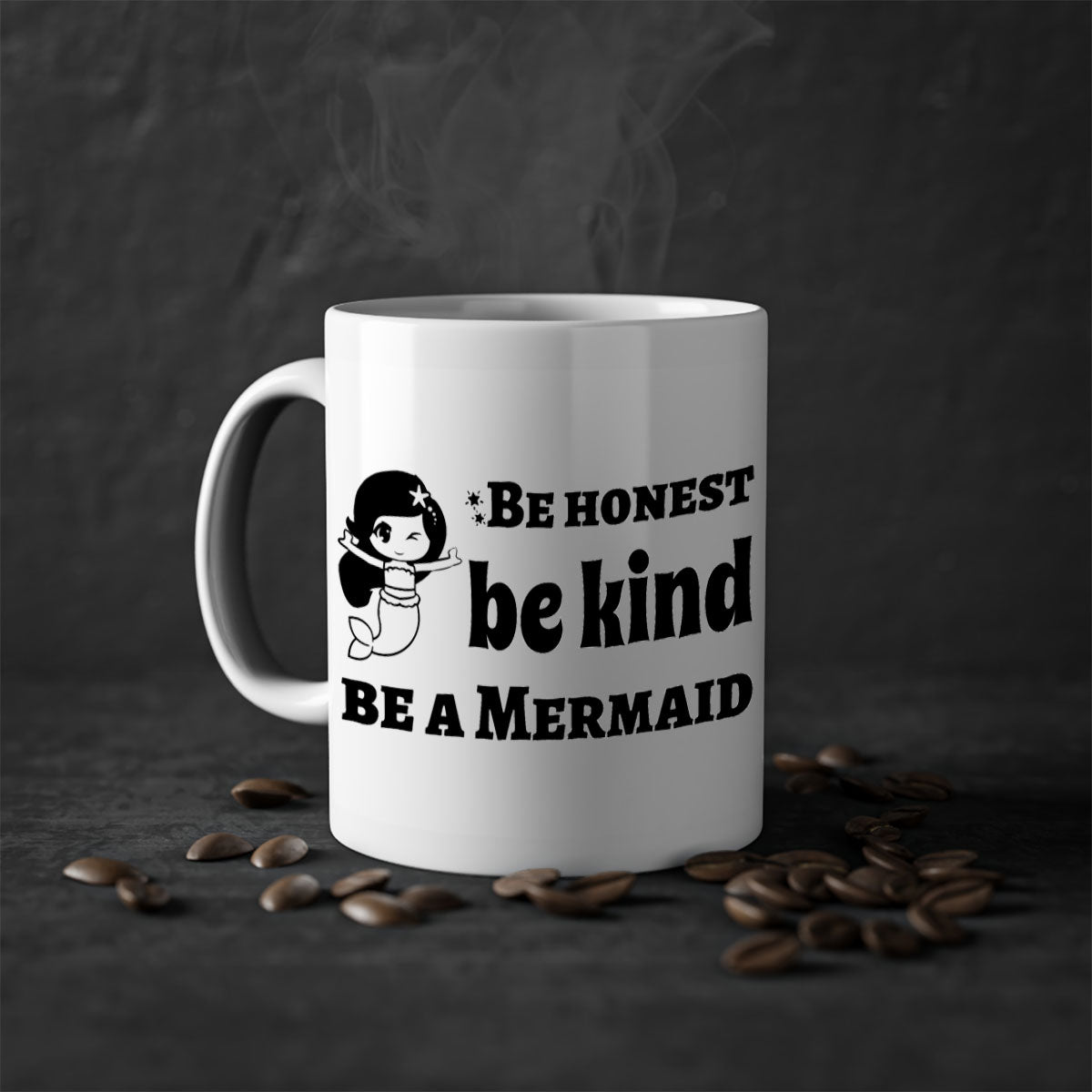 Be Honest Be Kind Be 56# Mermaid Mug with colorful handle and glossy finish, perfect for coffee or tea.