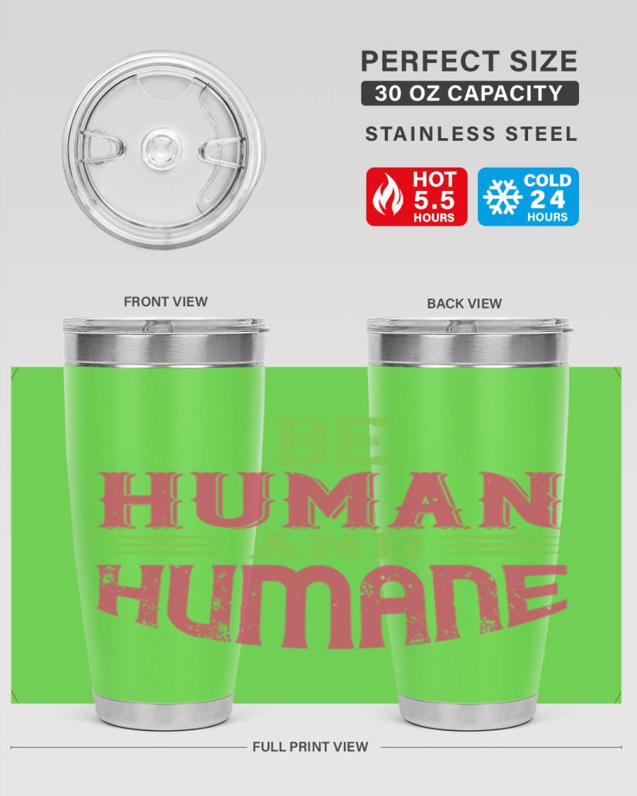 be human and humane 83# vegan tumbler in stainless steel with a drink-thru lid, showcasing its sleek design and double wall insulation.