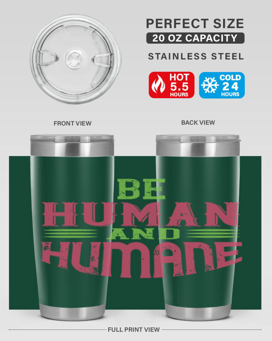 be human and humane 83# vegan tumbler in stainless steel with a drink-thru lid, showcasing its sleek design and double wall insulation.