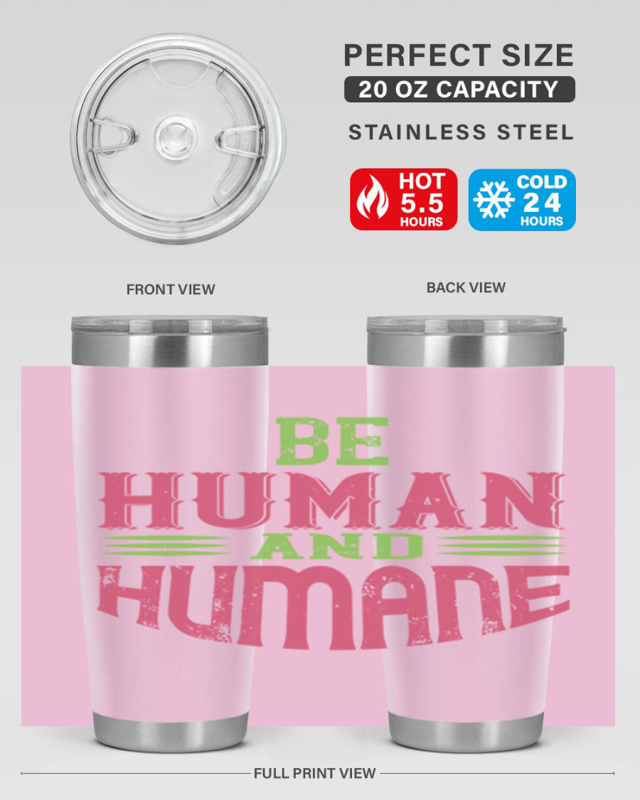 be human and humane 83# vegan tumbler in stainless steel with a drink-thru lid, showcasing its sleek design and double wall insulation.