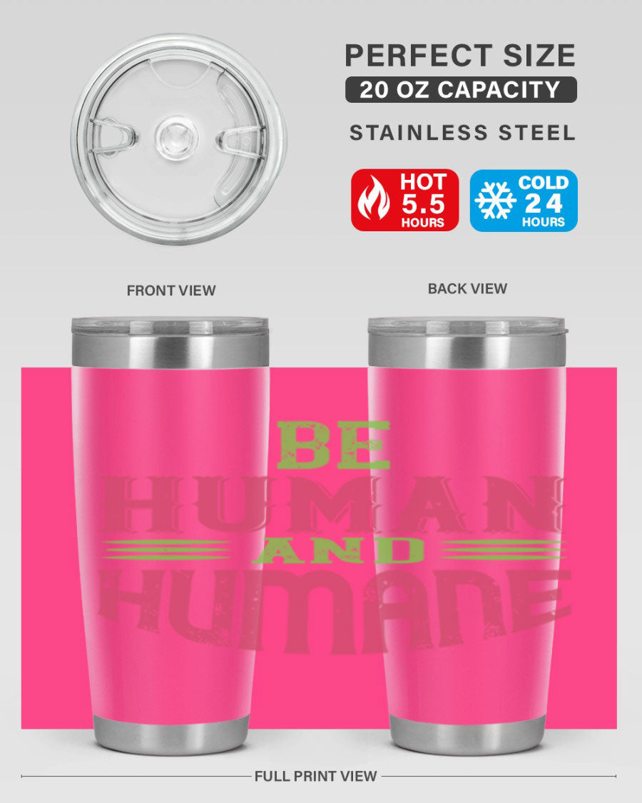 be human and humane 83# vegan tumbler in stainless steel with a drink-thru lid, showcasing its sleek design and double wall insulation.