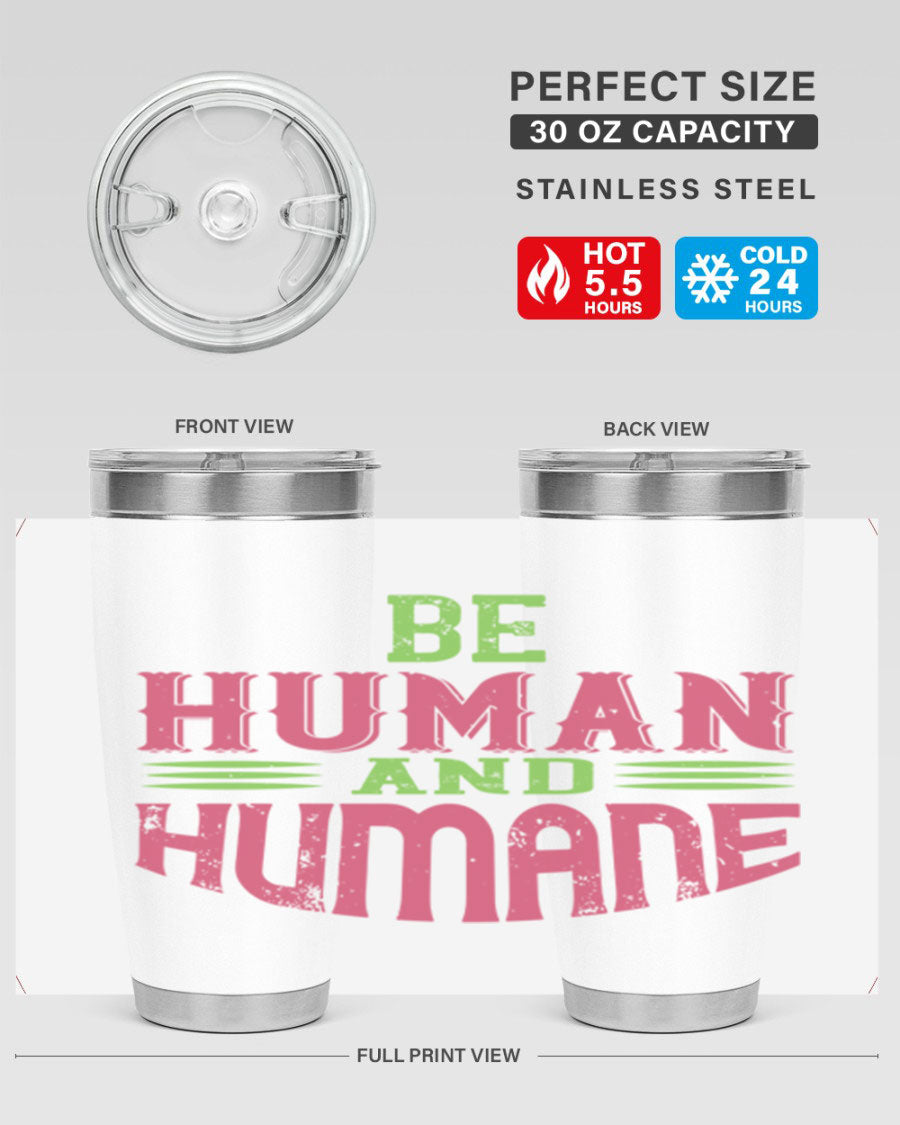 be human and humane 83# vegan tumbler in stainless steel with a drink-thru lid, showcasing its sleek design and double wall insulation.