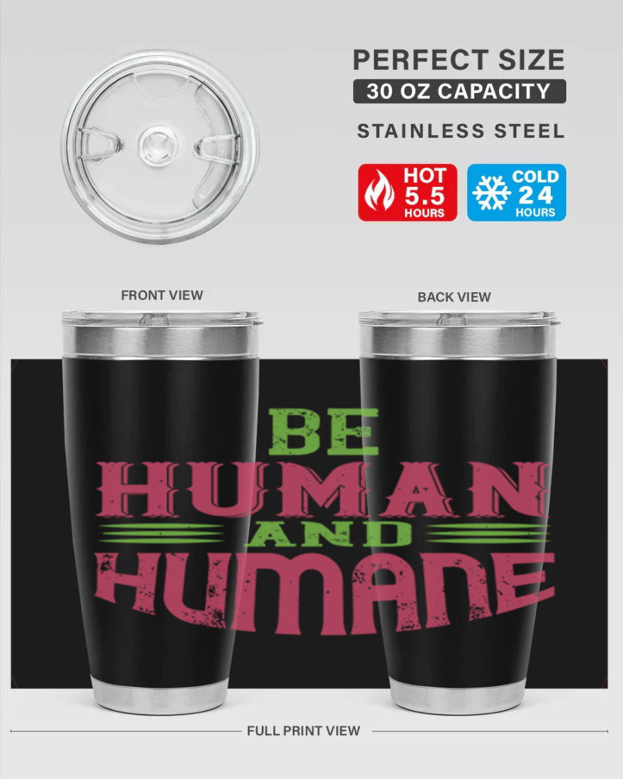 be human and humane 83# vegan tumbler in stainless steel with a drink-thru lid, showcasing its sleek design and double wall insulation.