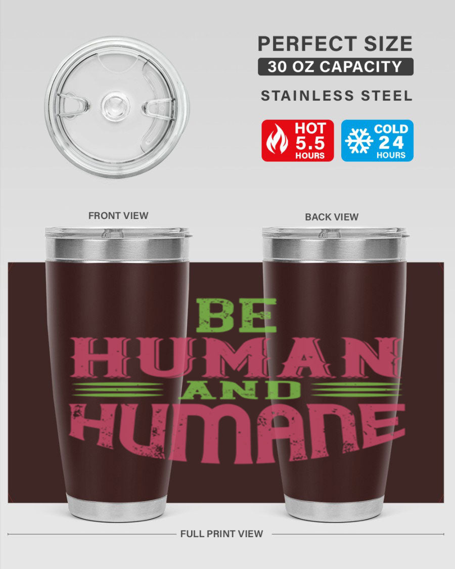 be human and humane 83# vegan tumbler in stainless steel with a drink-thru lid, showcasing its sleek design and double wall insulation.