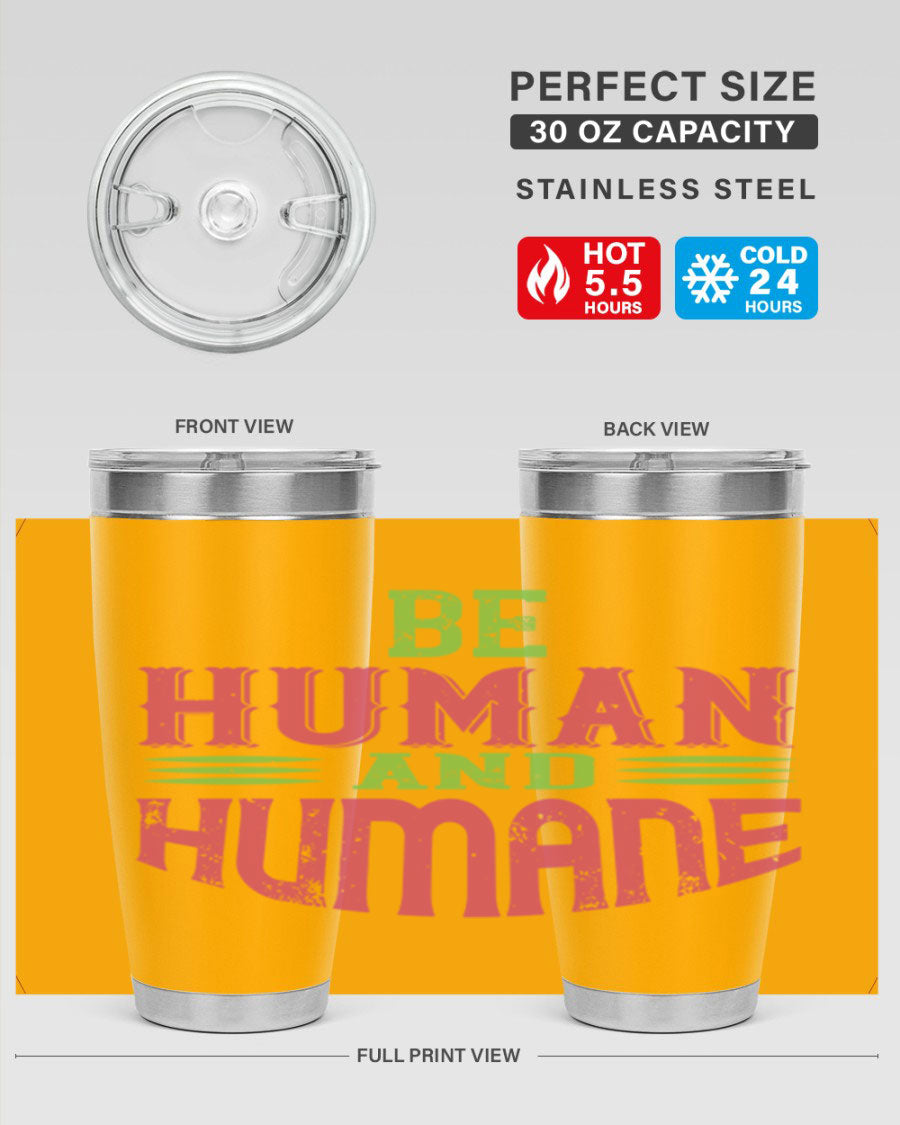 be human and humane 83# vegan tumbler in stainless steel with a drink-thru lid, showcasing its sleek design and double wall insulation.