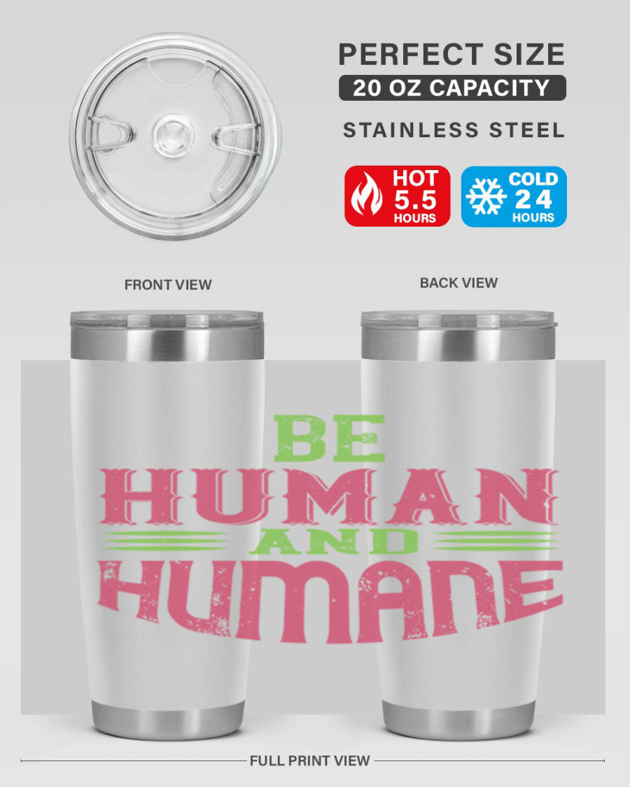 be human and humane 83# vegan tumbler in stainless steel with a drink-thru lid, showcasing its sleek design and double wall insulation.