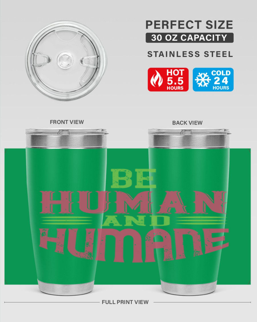 be human and humane 83# vegan tumbler in stainless steel with a drink-thru lid, showcasing its sleek design and double wall insulation.