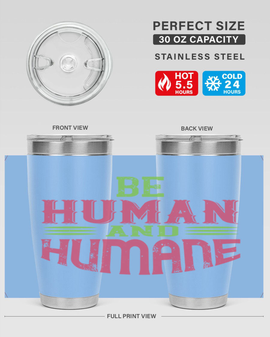 be human and humane 83# vegan tumbler in stainless steel with a drink-thru lid, showcasing its sleek design and double wall insulation.