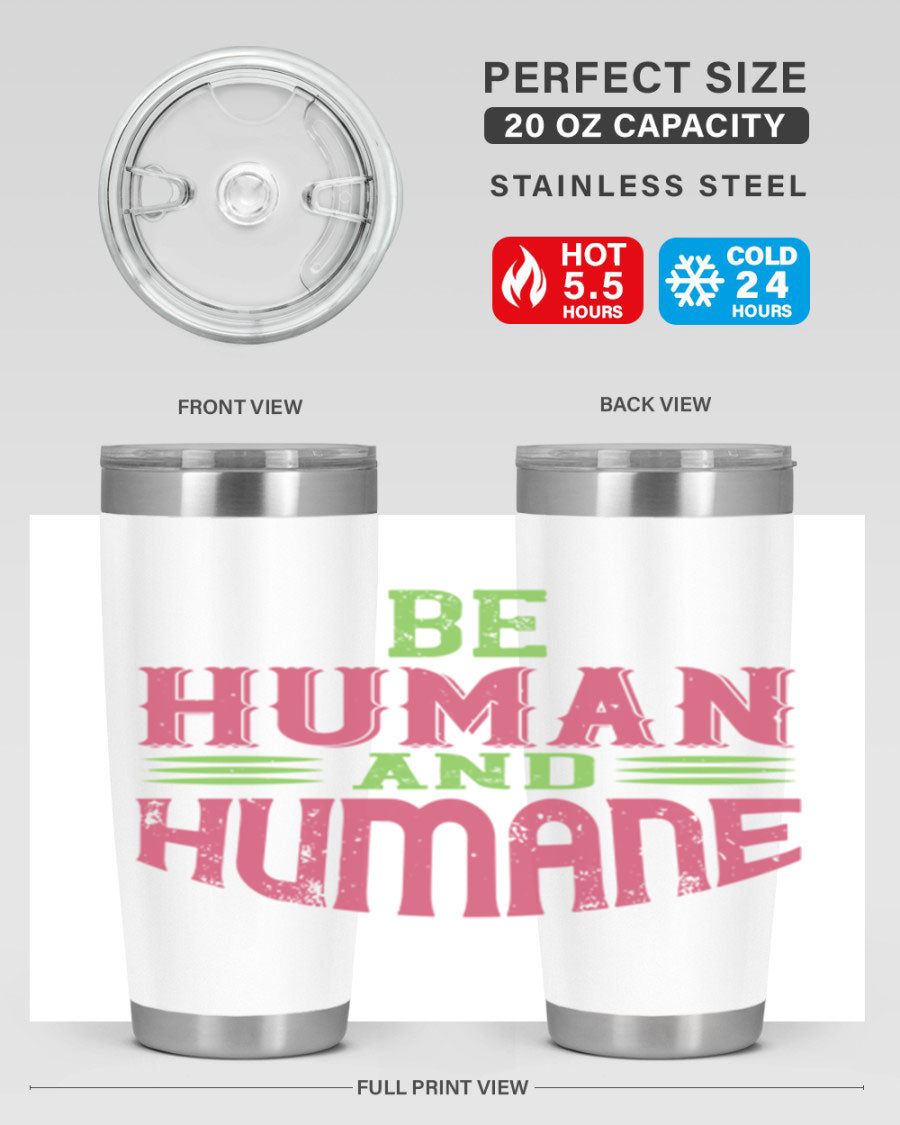 be human and humane 83# vegan tumbler in stainless steel with a drink-thru lid, showcasing its sleek design and double wall insulation.