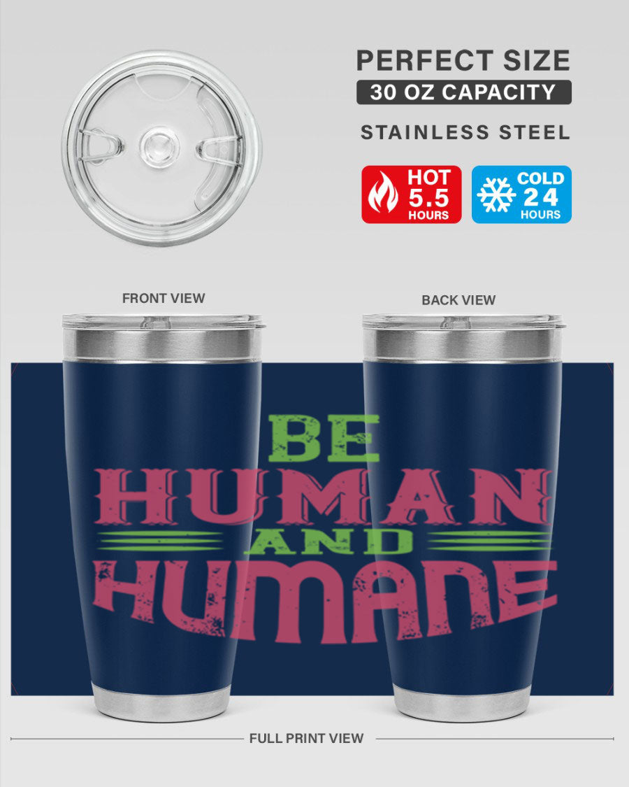 be human and humane 83# vegan tumbler in stainless steel with a drink-thru lid, showcasing its sleek design and double wall insulation.