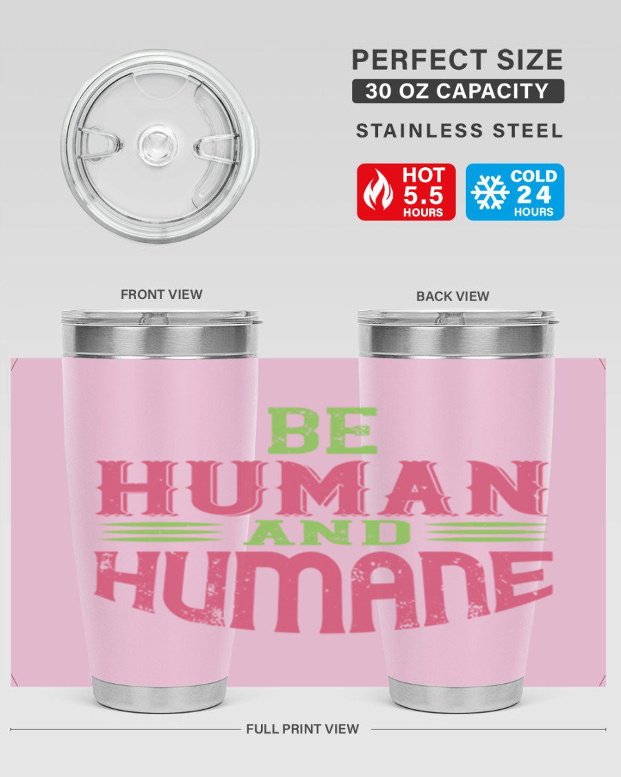 be human and humane 83# vegan tumbler in stainless steel with a drink-thru lid, showcasing its sleek design and double wall insulation.