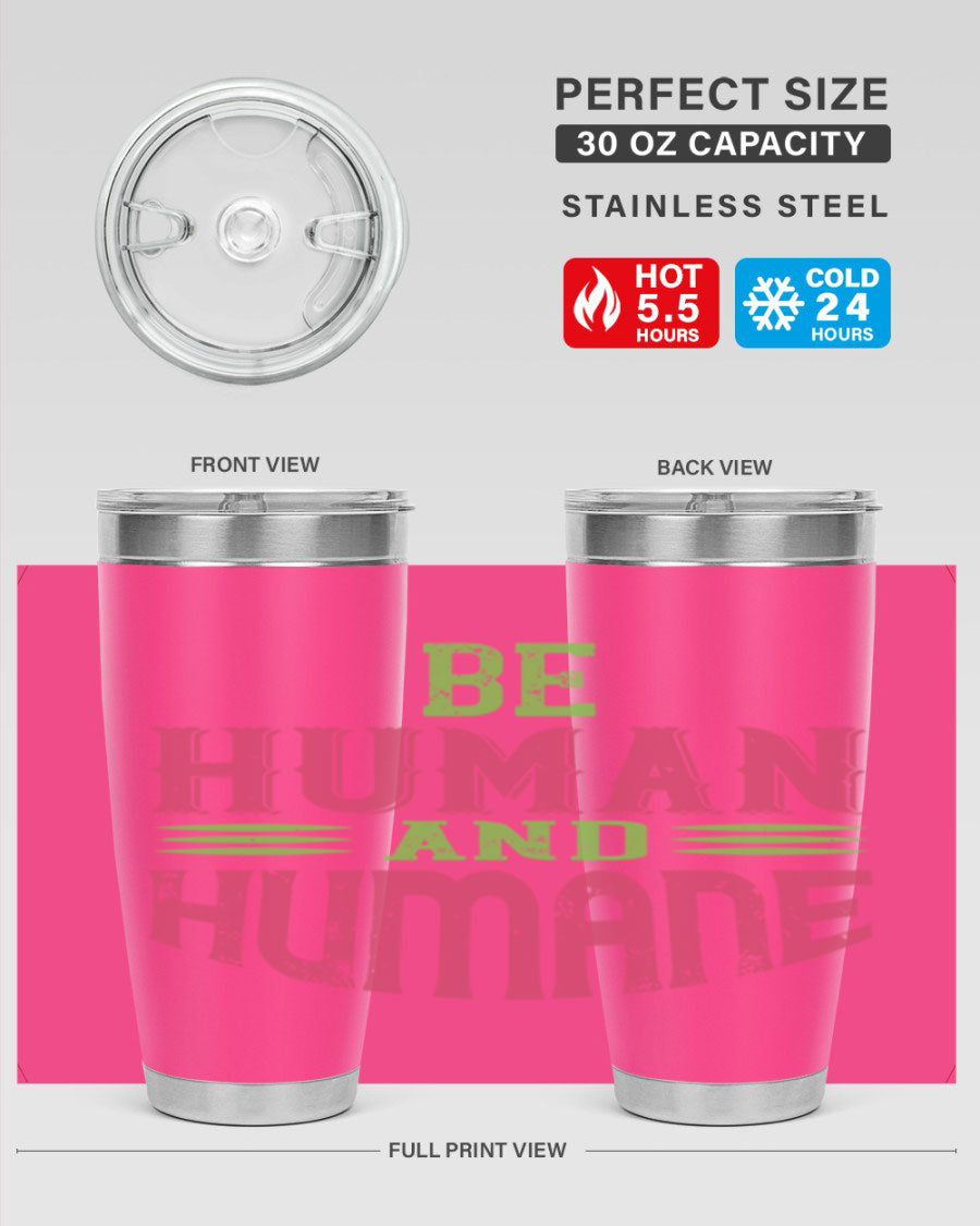 be human and humane 83# vegan tumbler in stainless steel with a drink-thru lid, showcasing its sleek design and double wall insulation.