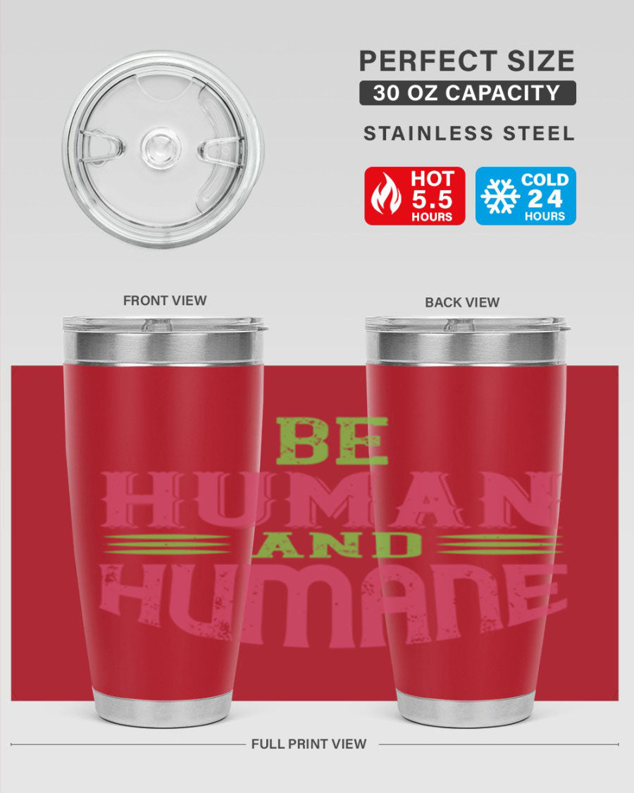 be human and humane 83# vegan tumbler in stainless steel with a drink-thru lid, showcasing its sleek design and double wall insulation.