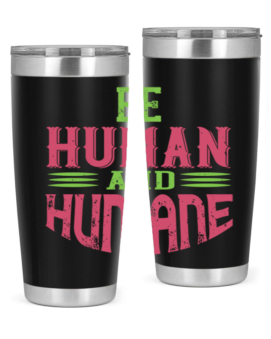 be human and humane 83# vegan tumbler in stainless steel with a drink-thru lid, showcasing its sleek design and double wall insulation.