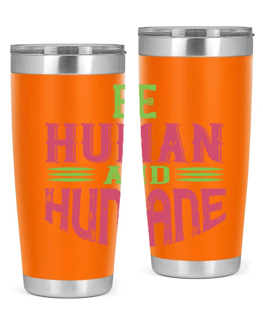 be human and humane 83# vegan tumbler in stainless steel with a drink-thru lid, showcasing its sleek design and double wall insulation.