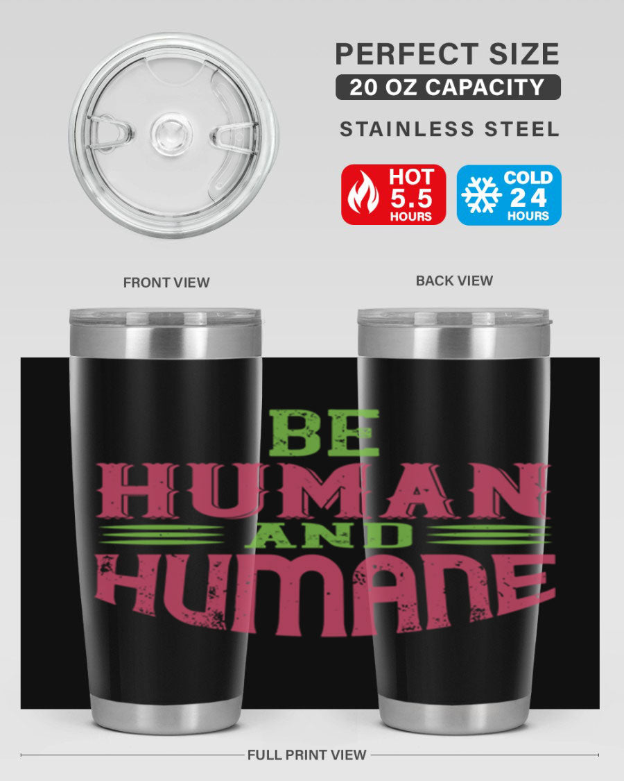 be human and humane 83# vegan tumbler in stainless steel with a drink-thru lid, showcasing its sleek design and double wall insulation.