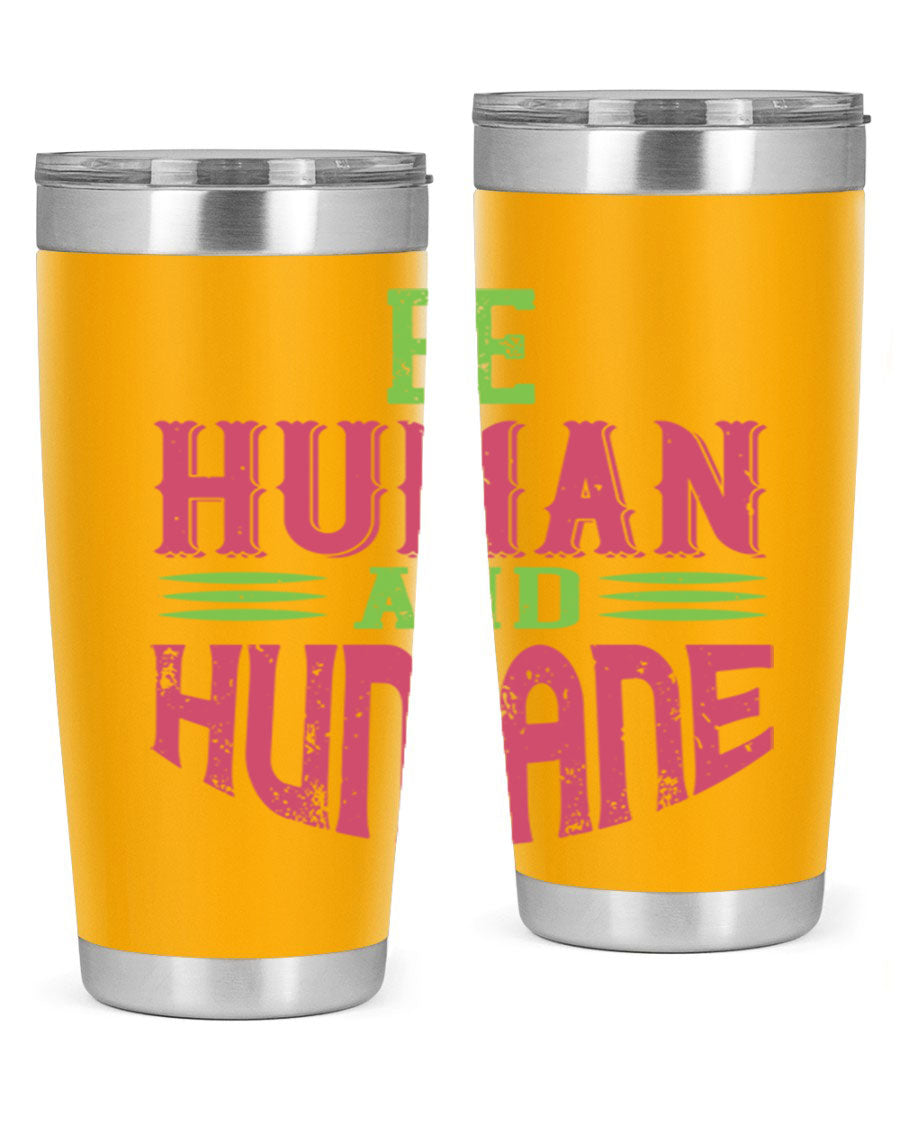 be human and humane 83# vegan tumbler in stainless steel with a drink-thru lid, showcasing its sleek design and double wall insulation.