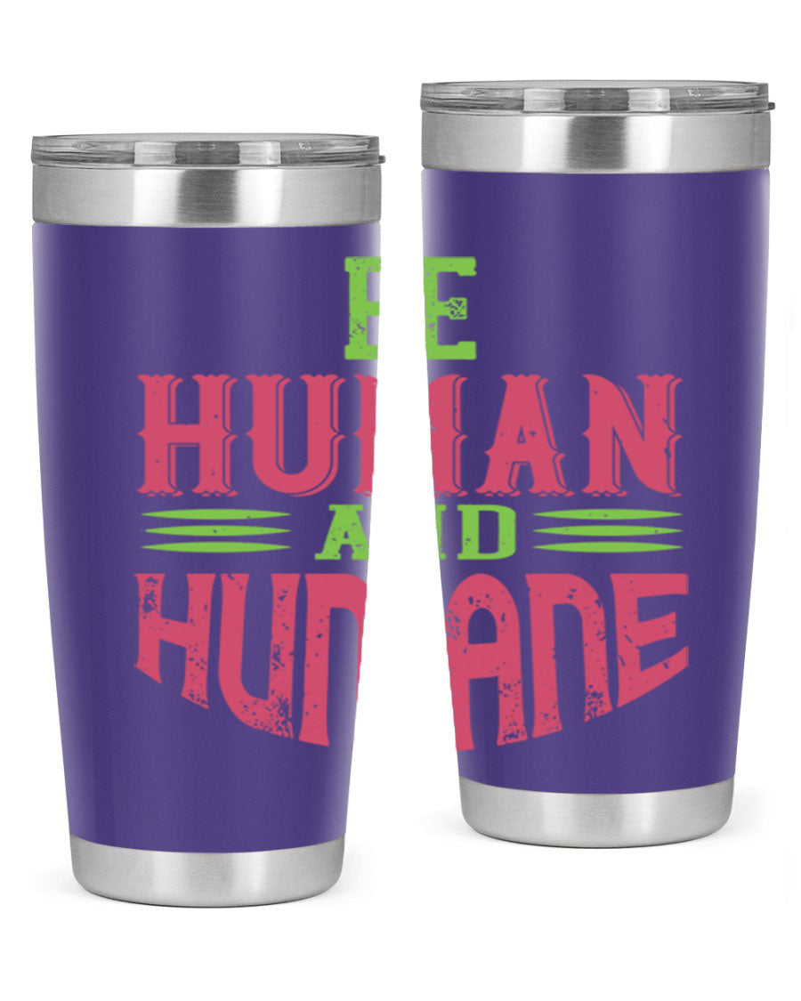 be human and humane 83# vegan tumbler in stainless steel with a drink-thru lid, showcasing its sleek design and double wall insulation.