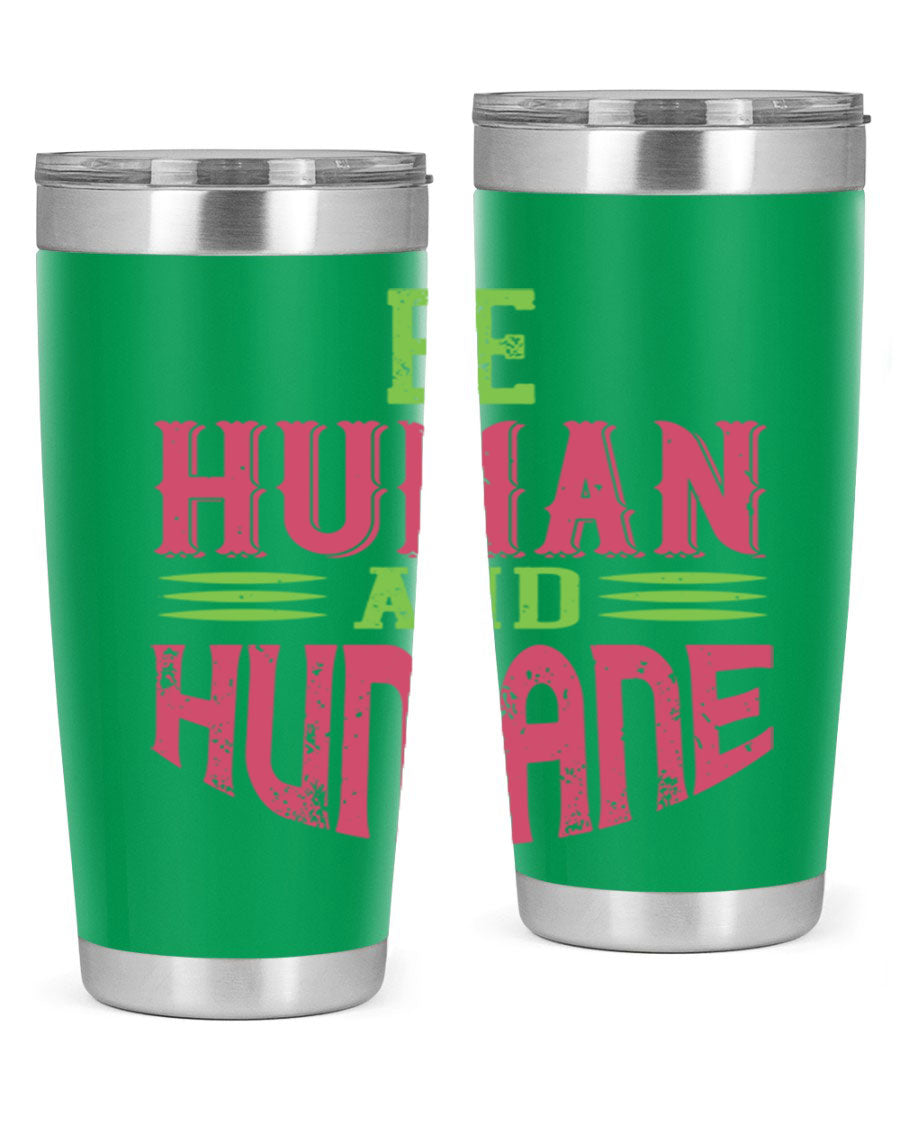 be human and humane 83# vegan tumbler in stainless steel with a drink-thru lid, showcasing its sleek design and double wall insulation.