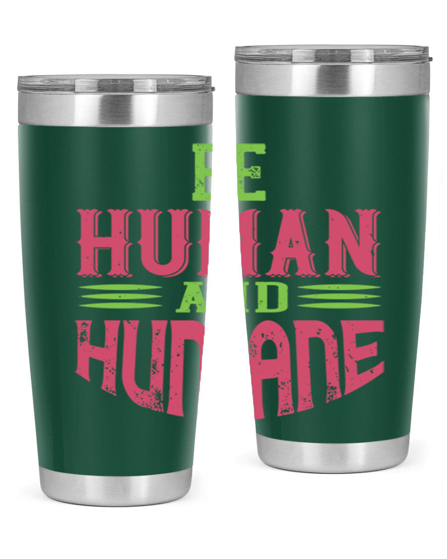 be human and humane 83# vegan tumbler in stainless steel with a drink-thru lid, showcasing its sleek design and double wall insulation.