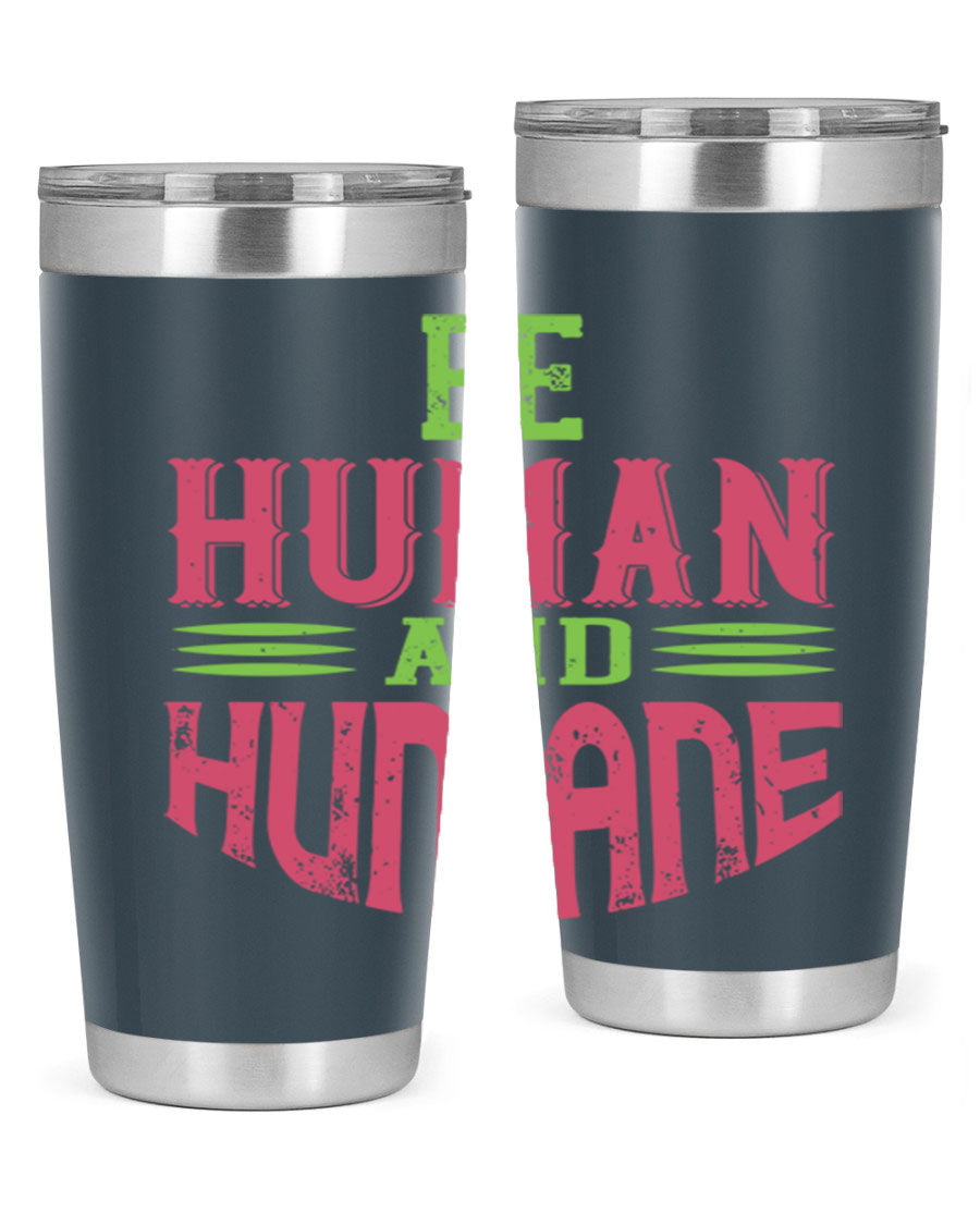 be human and humane 83# vegan tumbler in stainless steel with a drink-thru lid, showcasing its sleek design and double wall insulation.