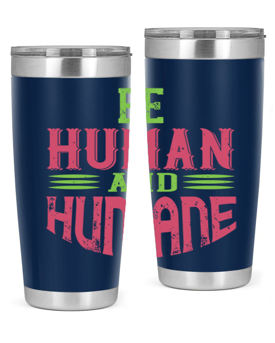 be human and humane 83# vegan tumbler in stainless steel with a drink-thru lid, showcasing its sleek design and double wall insulation.