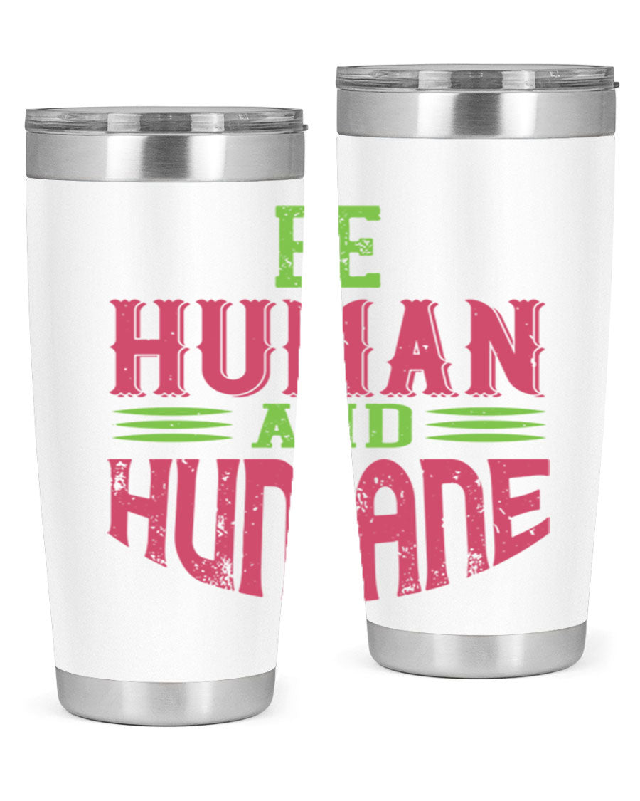 be human and humane 83# vegan tumbler in stainless steel with a drink-thru lid, showcasing its sleek design and double wall insulation.