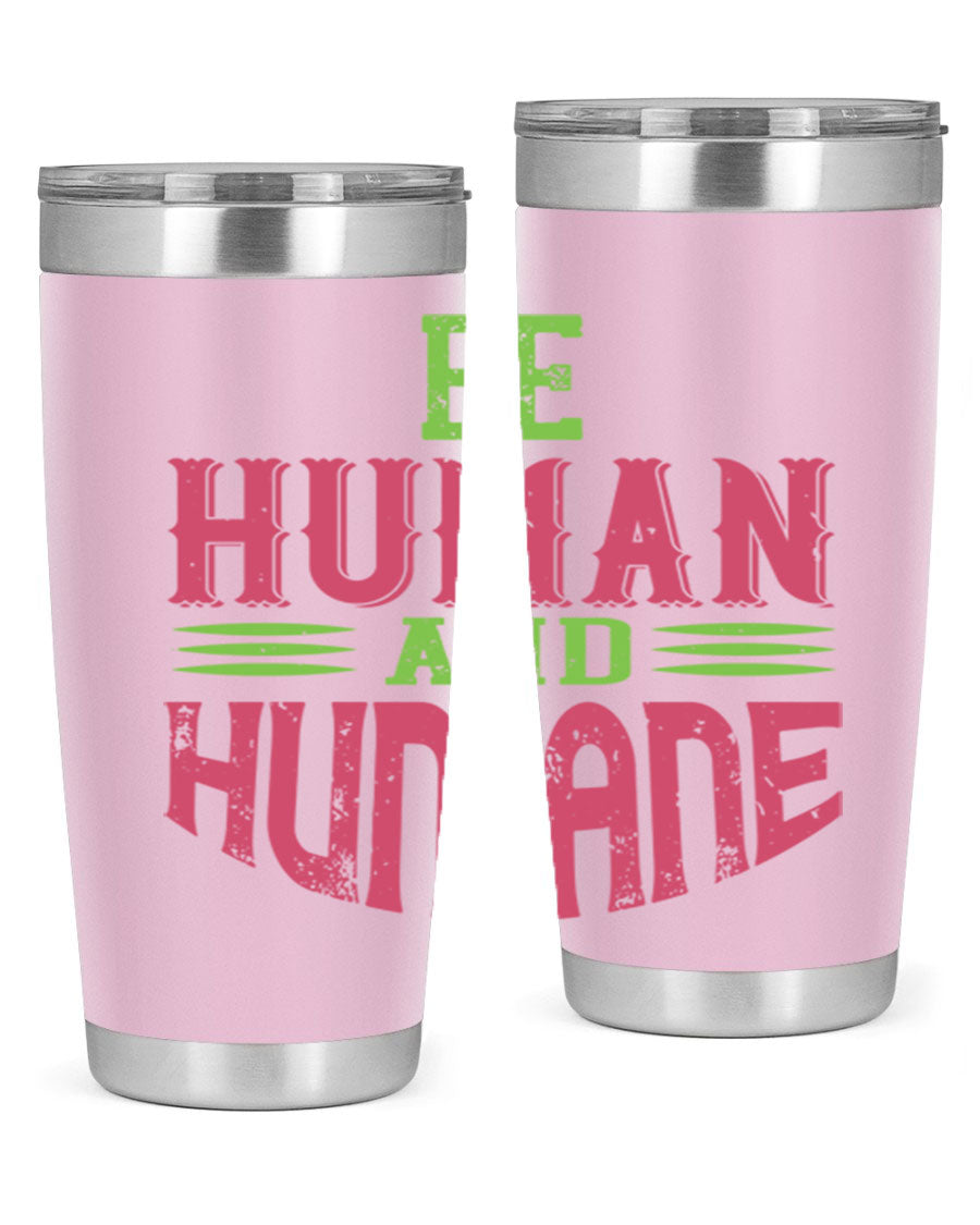 be human and humane 83# vegan tumbler in stainless steel with a drink-thru lid, showcasing its sleek design and double wall insulation.