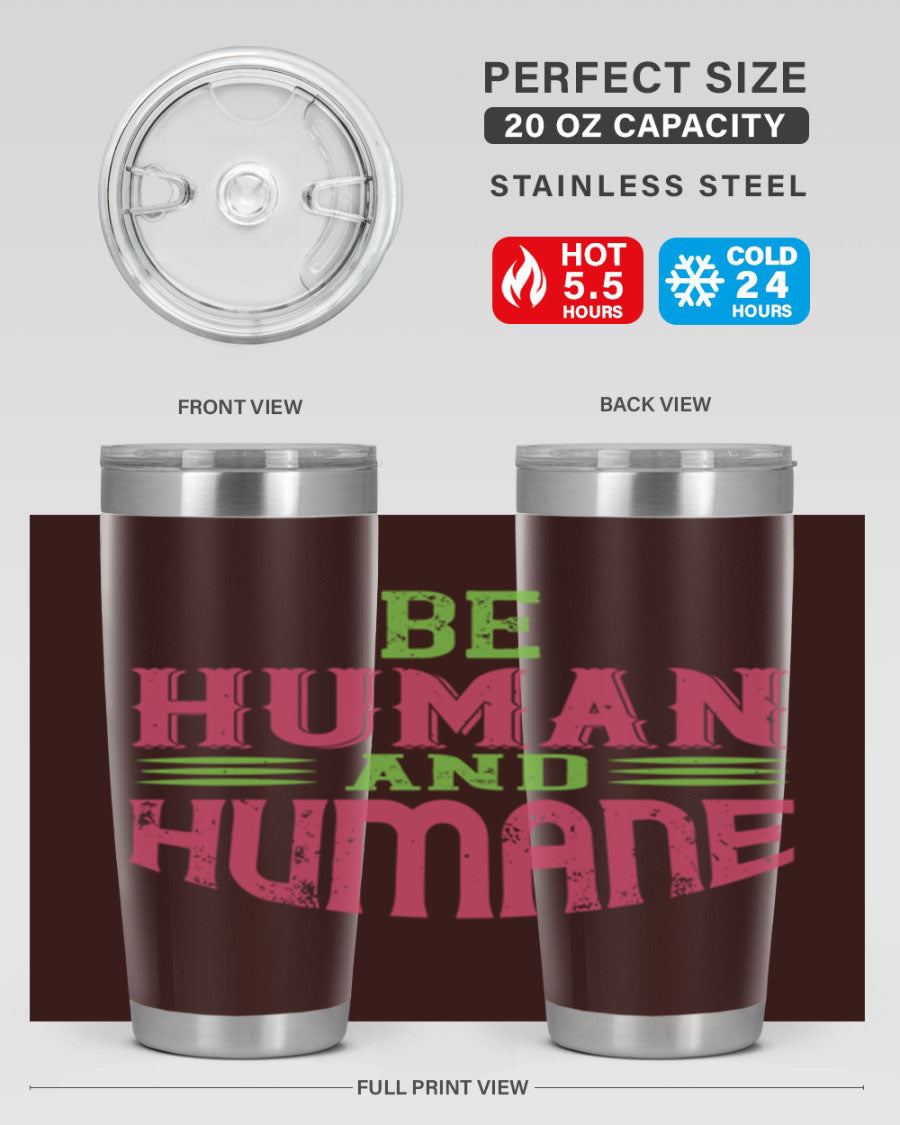 be human and humane 83# vegan tumbler in stainless steel with a drink-thru lid, showcasing its sleek design and double wall insulation.