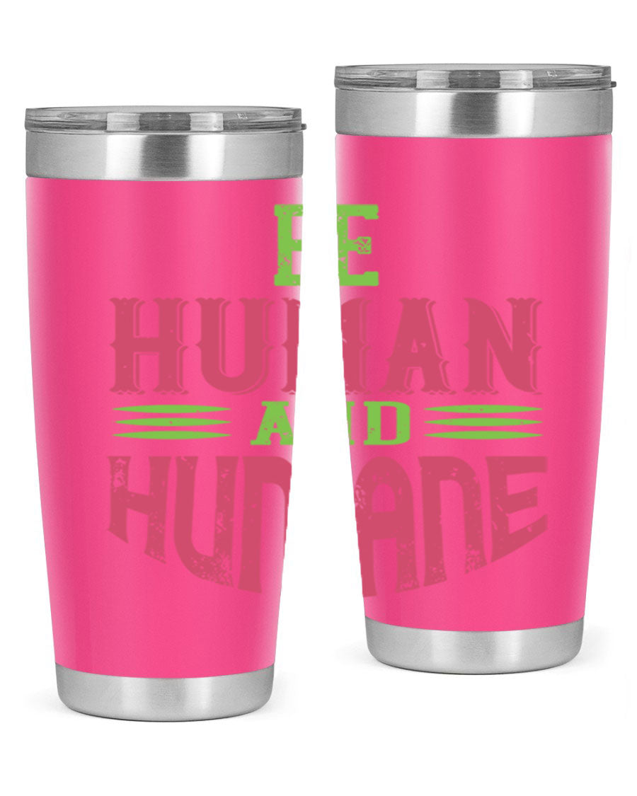 be human and humane 83# vegan tumbler in stainless steel with a drink-thru lid, showcasing its sleek design and double wall insulation.