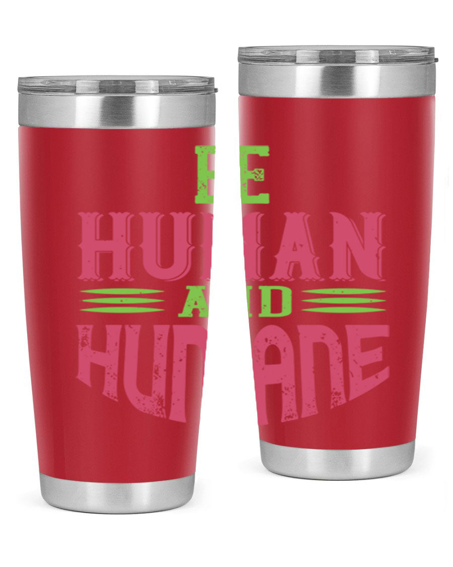 be human and humane 83# vegan tumbler in stainless steel with a drink-thru lid, showcasing its sleek design and double wall insulation.