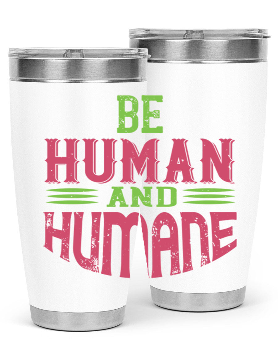 be human and humane 83# vegan tumbler in stainless steel with a drink-thru lid, showcasing its sleek design and double wall insulation.