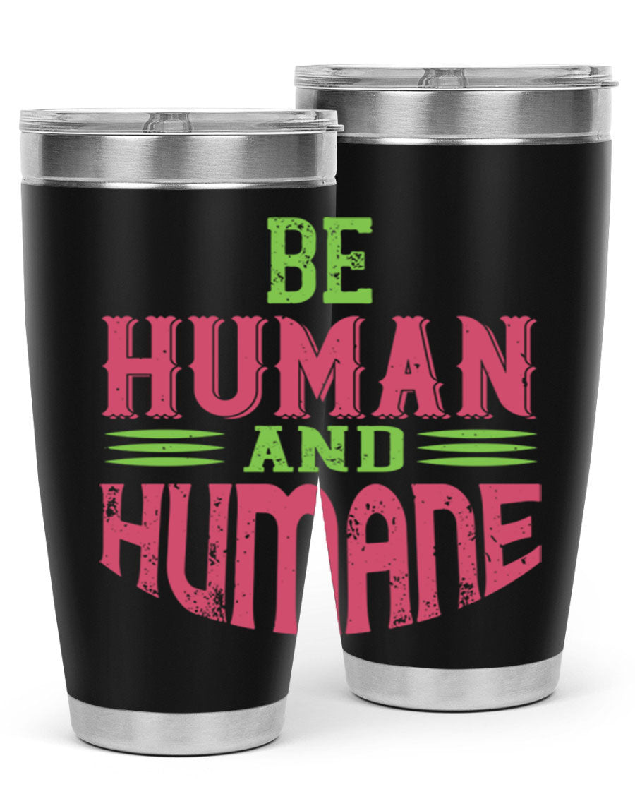 be human and humane 83# vegan tumbler in stainless steel with a drink-thru lid, showcasing its sleek design and double wall insulation.