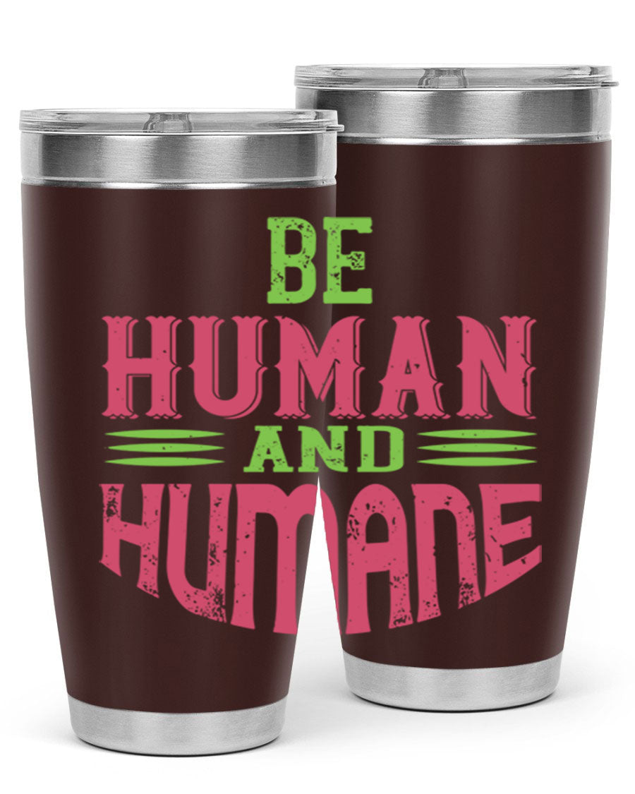 be human and humane 83# vegan tumbler in stainless steel with a drink-thru lid, showcasing its sleek design and double wall insulation.