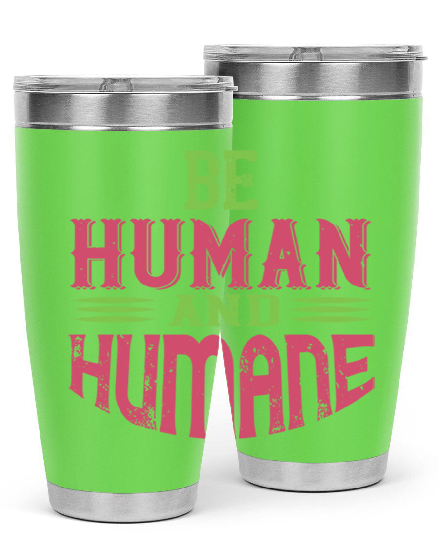 be human and humane 83# vegan tumbler in stainless steel with a drink-thru lid, showcasing its sleek design and double wall insulation.