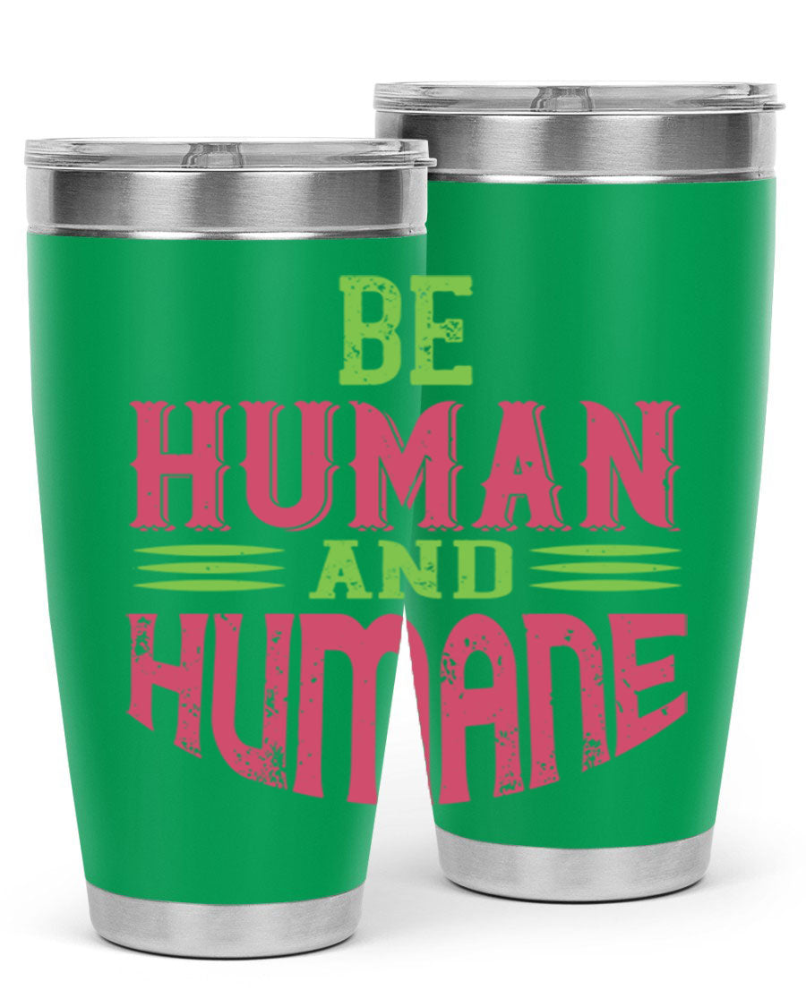 be human and humane 83# vegan tumbler in stainless steel with a drink-thru lid, showcasing its sleek design and double wall insulation.