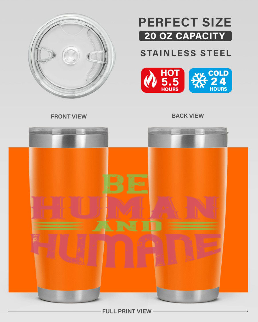 be human and humane 83# vegan tumbler in stainless steel with a drink-thru lid, showcasing its sleek design and double wall insulation.