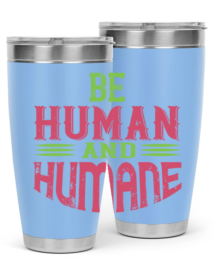 be human and humane 83# vegan tumbler in stainless steel with a drink-thru lid, showcasing its sleek design and double wall insulation.