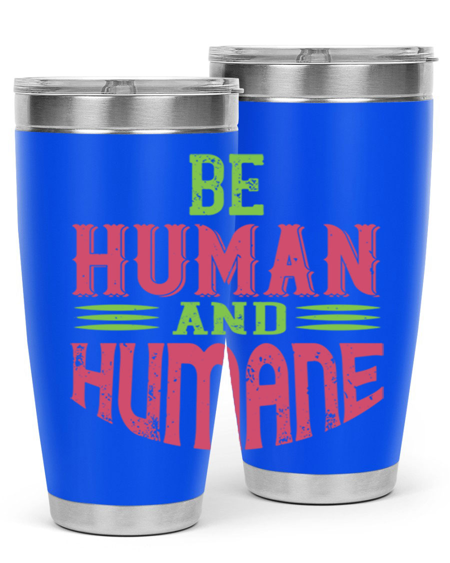 be human and humane 83# vegan tumbler in stainless steel with a drink-thru lid, showcasing its sleek design and double wall insulation.