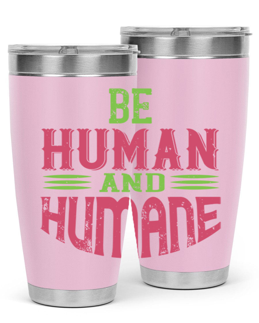 be human and humane 83# vegan tumbler in stainless steel with a drink-thru lid, showcasing its sleek design and double wall insulation.