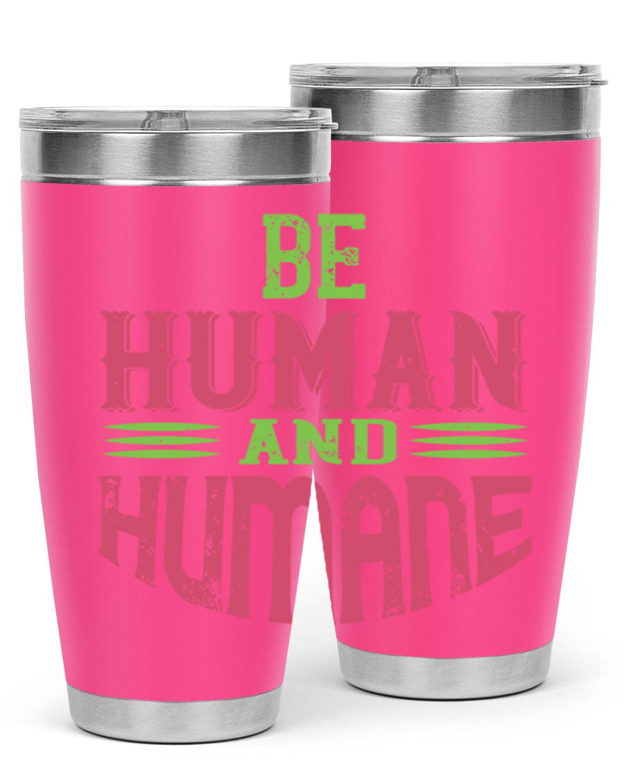 be human and humane 83# vegan tumbler in stainless steel with a drink-thru lid, showcasing its sleek design and double wall insulation.