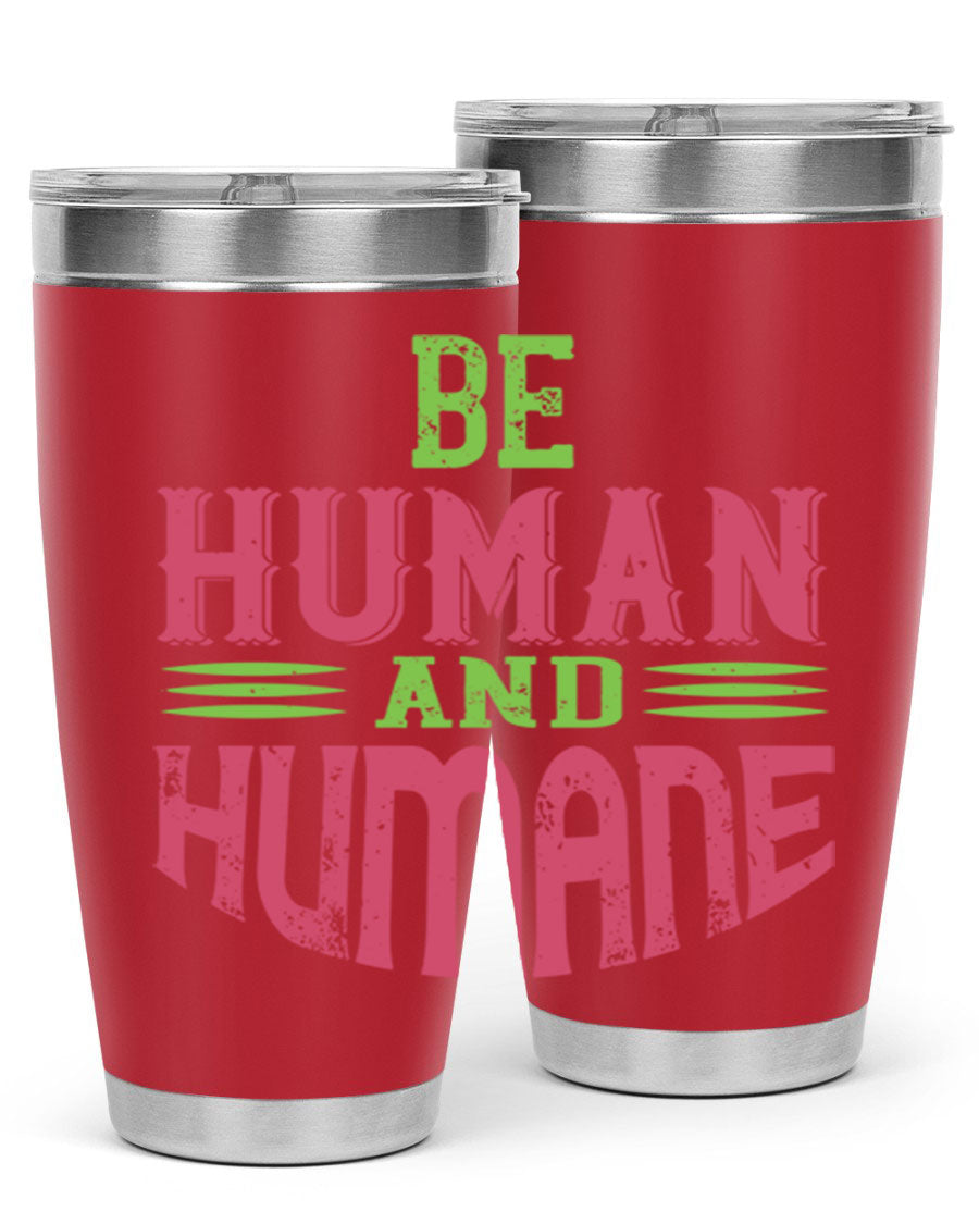 be human and humane 83# vegan tumbler in stainless steel with a drink-thru lid, showcasing its sleek design and double wall insulation.