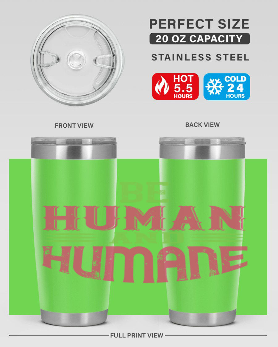 be human and humane 83# vegan tumbler in stainless steel with a drink-thru lid, showcasing its sleek design and double wall insulation.