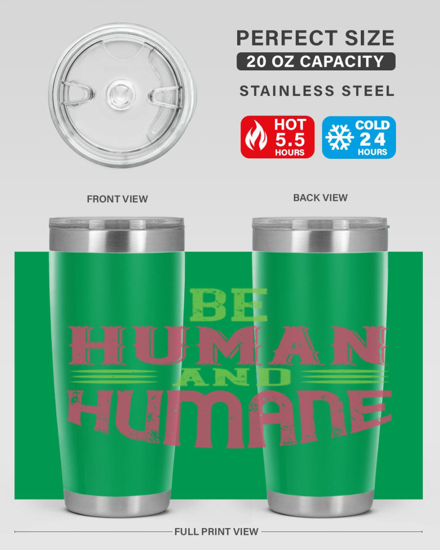 be human and humane 83# vegan tumbler in stainless steel with a drink-thru lid, showcasing its sleek design and double wall insulation.