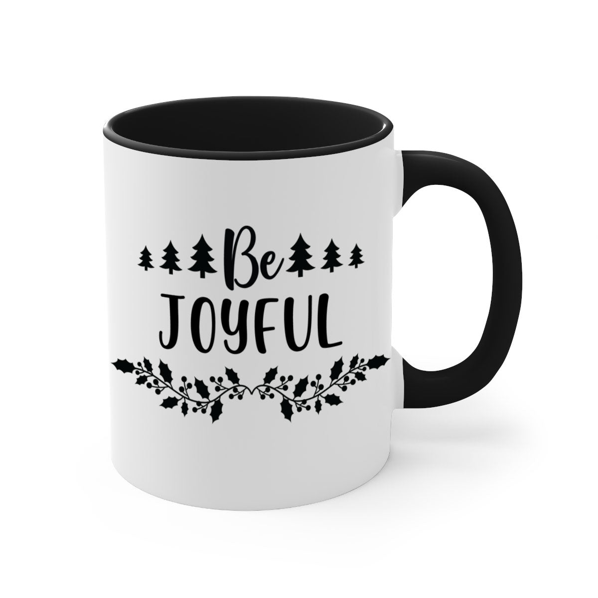 Be Joyful Style 62# Christmas Mug with colorful handle and glossy finish, available in two sizes.