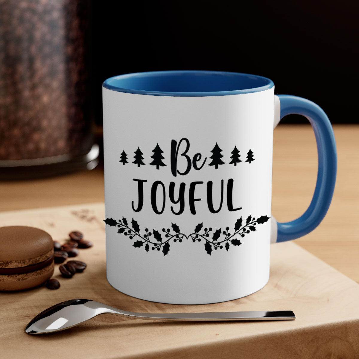 Be Joyful Style 62# Christmas Mug with colorful handle and glossy finish, available in two sizes.