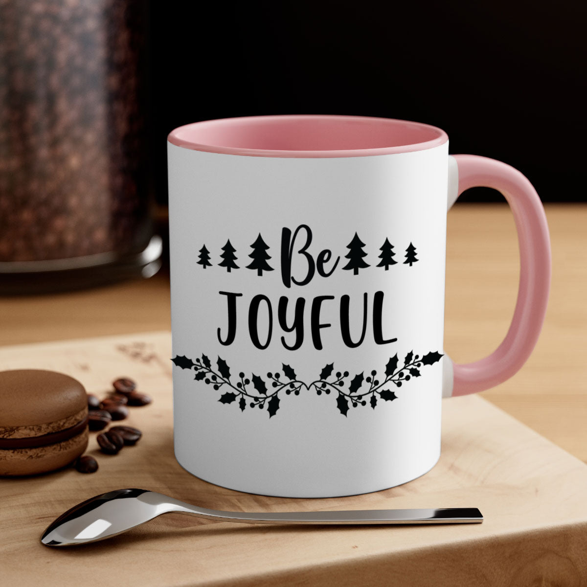 Be Joyful Style 62# Christmas Mug with colorful handle and glossy finish, available in two sizes.