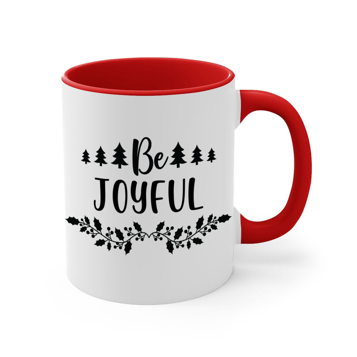 Be Joyful Style 62# Christmas Mug with colorful handle and glossy finish, available in two sizes.