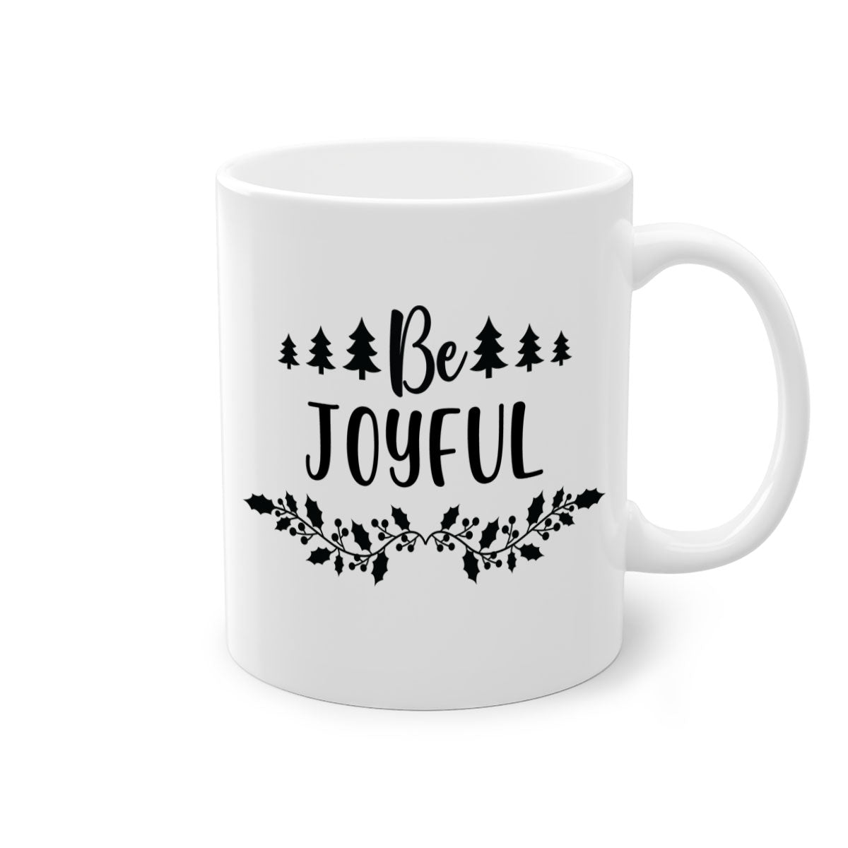 Be Joyful Style 62# Christmas Mug with colorful handle and glossy finish, available in two sizes.